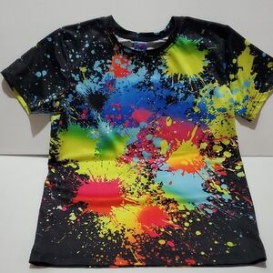 Paint Splatter Top Short Sleeve Top Tshirt Size L Black Neon